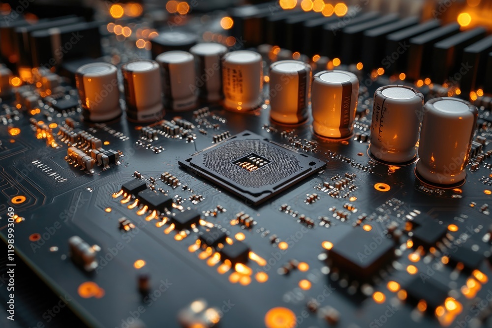 Poster a detailed view of the internal components of a computer motherboard, ideal for tech-related illustr