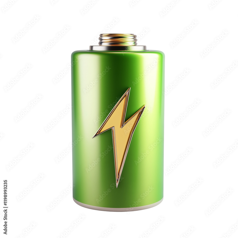 Poster a 3d rendering of a green cylindrical battery with a gold lightning bolt symbol indicating power and