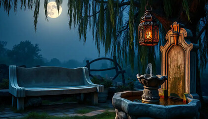 A_icon_of_In_an_enchanting_twilight,_a_weathered_concrete_bench,_its_surface_a_patchwork_of_timeworn_grooves_and_faded_gray_patterns,_nestles Generative AI