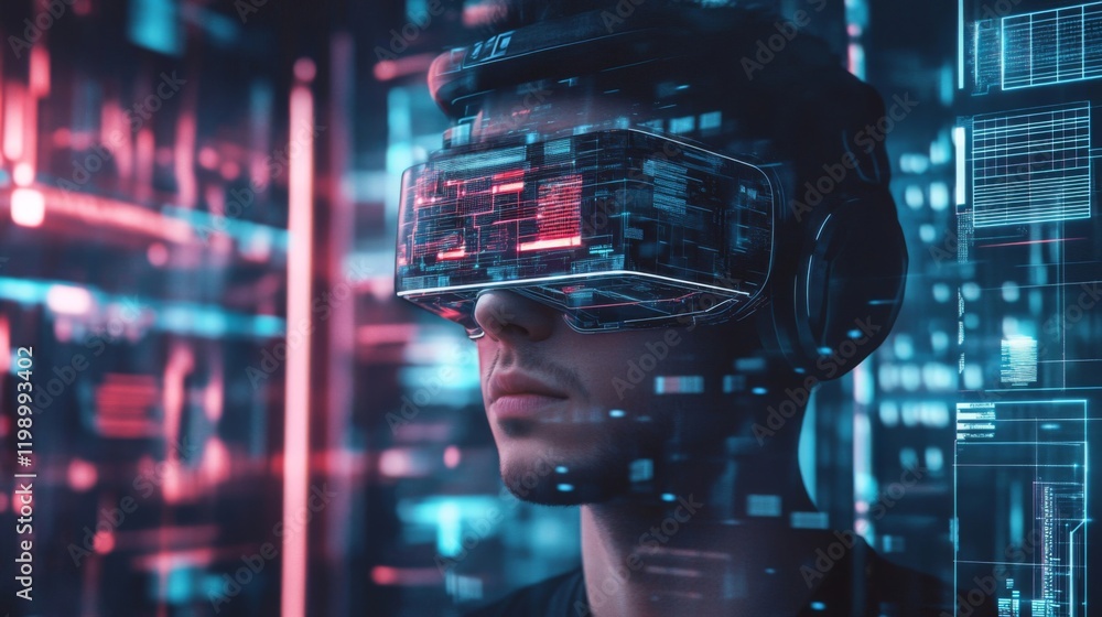 Poster man experiencing immersive virtual reality in a cyberpunk setting