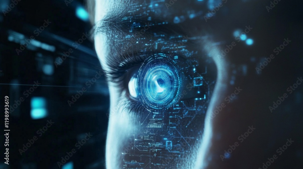 Poster digital eye: human interface with data stream and futuristic technology
