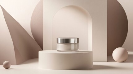 A minimalist setting of a face cream jar with a metallic lid, surrounded by geometric shapes in muted tones