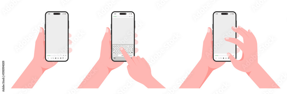 Poster smartphone hand and finger mockup - scrolling and typing on blank screen with keyboard in mobile bro