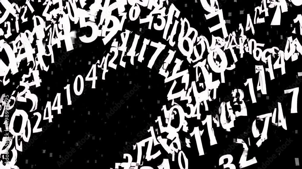 Poster dynamic cascade of white numeric characters swirling against a black background, evoking a digital a