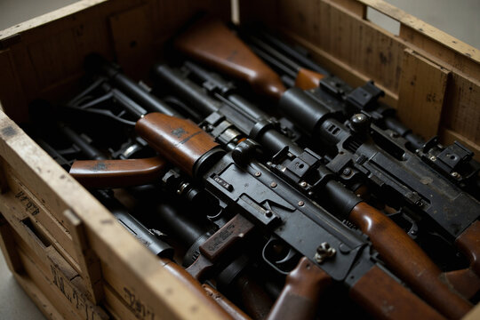 An open crate full of machine guns, assault rifles seized by authorities at a warehouse from shipment of illegal weapons smuggling, an effort to combat violent crime, drug cartels, insurgent rebels.