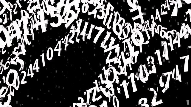 Dynamic cascade of white numeric characters swirling against a black background, evoking a digital and abstract aesthetic