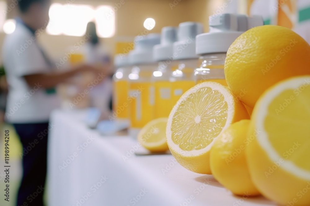 Poster fresh oranges arranged on a table alongside empty juice bottles