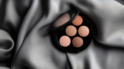 A mockup of a compact eyeshadow palette with neutral tones, placed on a soft gray fabric