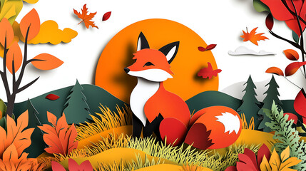 modern fox design using abstract paper cutout in vibrant autumn colors, featuring serene landscape with trees and leaves. This artwork captures essence of fall