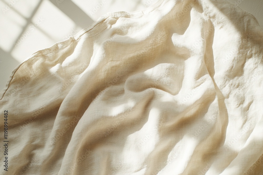 Poster crumpled beige linen fabric captures soft natural light and shadows, creating a tranquil and invitin