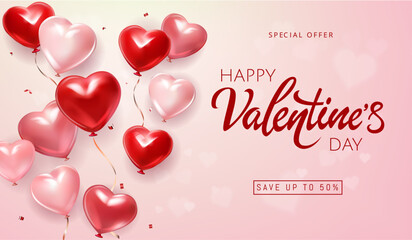 Happy Valentines Day banner with 3d red heart balloons on pink background. Gift card, love party, invitation voucher design, poster template, place for text. Vector illustration.
