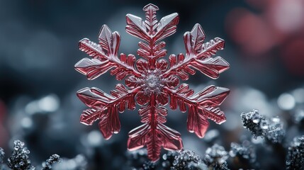 A close-up shot of a delicate snowflake sitting on a plant leaf