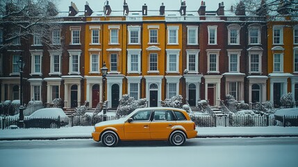 Obraz premium Vibrant yellow taxi parked on snowy street lined with colorful houses, creating a picturesque winter scene