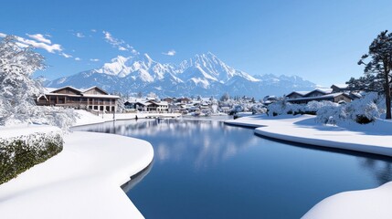 Obraz premium Snowy Alpine Village by a Tranquil Lake