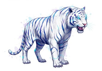 Fototapeta premium Majestic white tiger with blue stripes - vibrant watercolor art