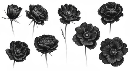 Monochrome botanical artistry: exquisite black flowers in detailed ink drawing