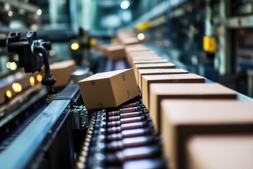 A moving conveyor belt with stacked boxes, ideal for use in industrial or logistics settings