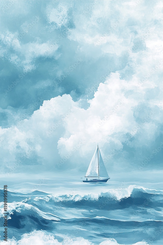 Poster soft watercolor waves create a tranquil nautical backdrop, featuring a sailboat gently floating amid