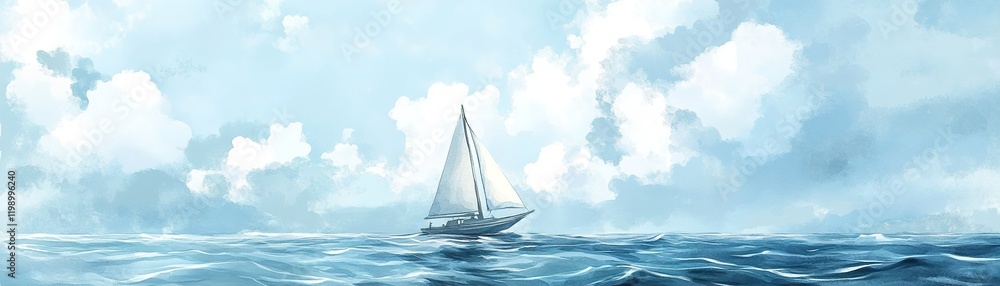 Aufkleber soft watercolor waves and a small sailboat float serenely under a light blue sky with fluffy clouds,