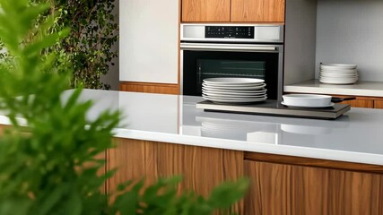 A modern kitchen with warm wood cabinets and a minimalist countertop showcases organized dinnerware, blending style and function