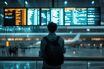 Traveler with backpack standing in airport terminal and looking at information board, checking flight schedule and gate information