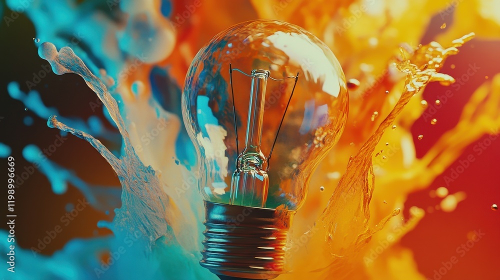 Poster creative light bulb explodes with colorful paint and colors on light background. color splash in bul