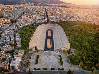 Aerial view of the the historic Panathenaic Stadium during sunset time in Athens, Greece © moofushi