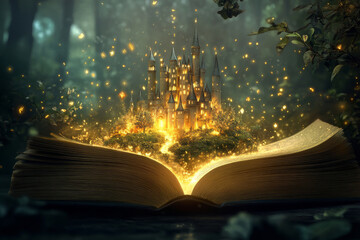 Obraz premium Open book with glowing fairytale castle and sparkling magic lights in fantasy forest at night over pages. Concept of fantasy and imagination