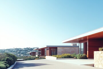 Obraz premium A row of modern houses features sleek designs and soft shadows, positioned in a peaceful area under a bright blue sky, ideal for real estate presentation and marketing
