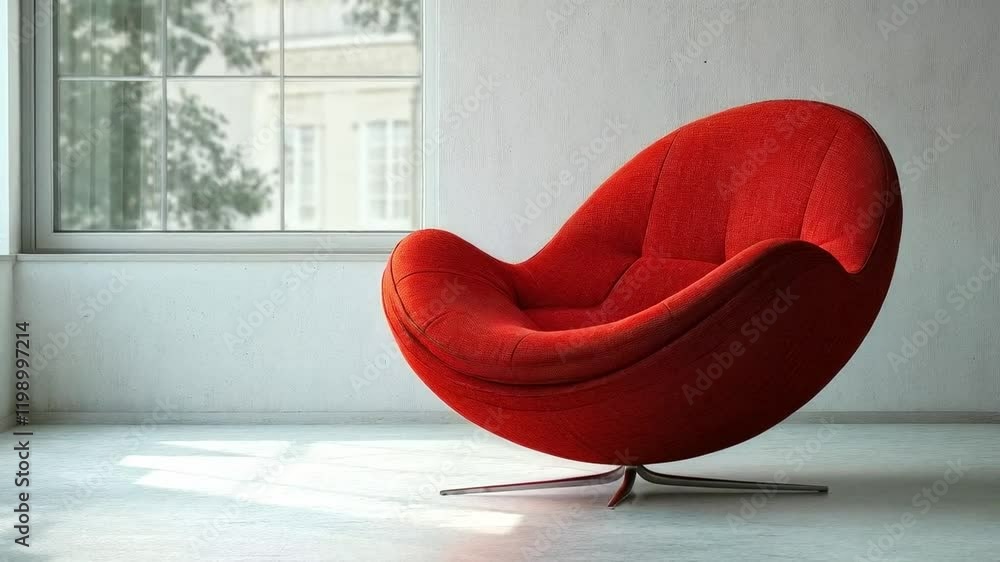 Poster A contemporary red chair sits alone in a well-lit room with large windows. The design features smooth curves and a sleek base, creating an inviting atmosphere perfect for relaxation.