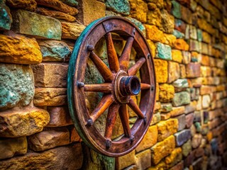 Obraz premium Antique Wheel on Wall, High Depth of Field, Vintage, Focus, Detail