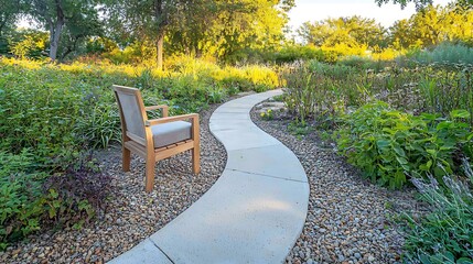 Serene garden path chair sunset tranquility landscape