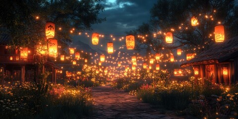 Enchanted Night Village: Lantern-Lit Pathway