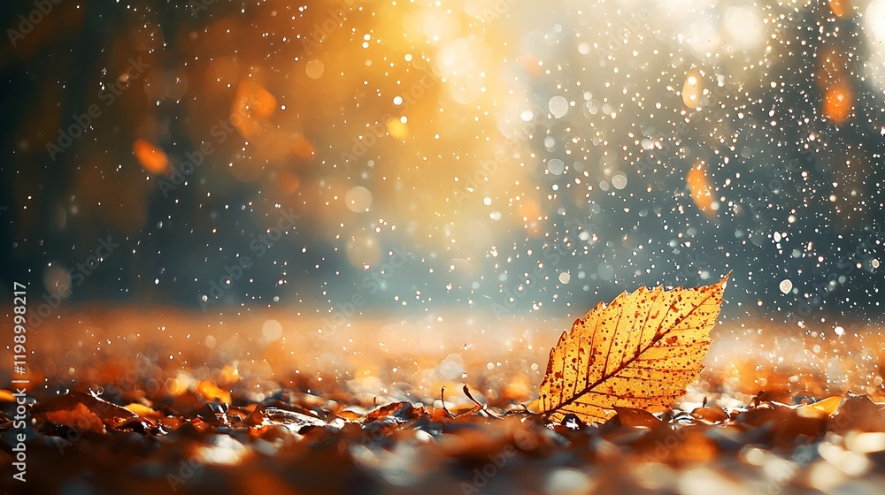 Poster Close-up of raindrops sliding down a leaf, with blurred bokeh in the background, soft earthy tones
