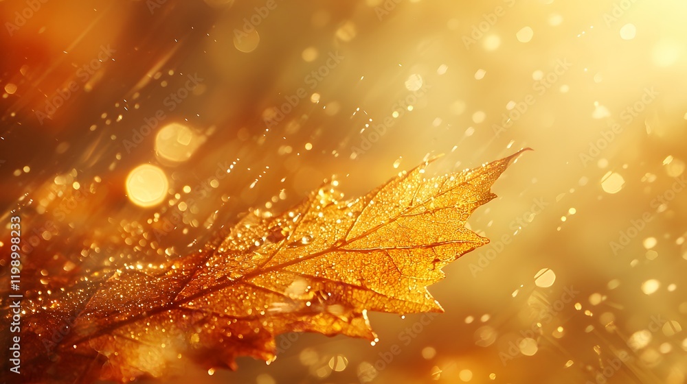 Poster Close-up of raindrops sliding down a leaf, with blurred bokeh in the background, soft earthy tones