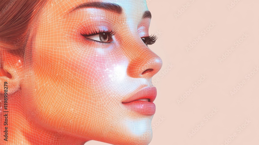 Poster a woman's face with a grid of grids applied on top of it. concept of cosmetic procedures. digital fa