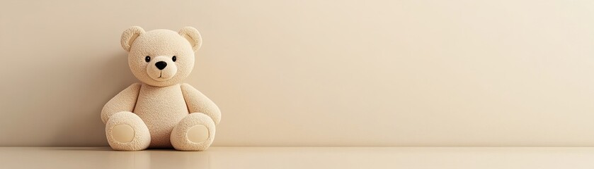 Soft beige and cream tones create a cozy atmosphere as a minimalist teddy bear sits serenely on a smooth light background, inviting warmth and comfort to any space