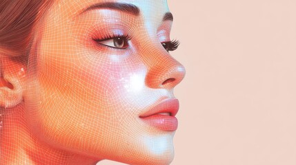 A woman's face with a grid of grids applied on top of it. Concept of cosmetic procedures. Digital facial identification system. Biometric verification. Polygonal mesh facial recognition technology.