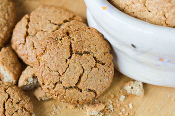 Gluten-free homemade oatmeal cookies in close-up. Shallow depth of field. Natural image..