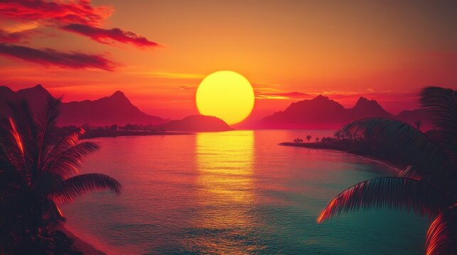 80s style striped sun setting over a synthwave landscape, sunset, sunrise, 80s, retro, vintage, arcade game, synthwave, neon