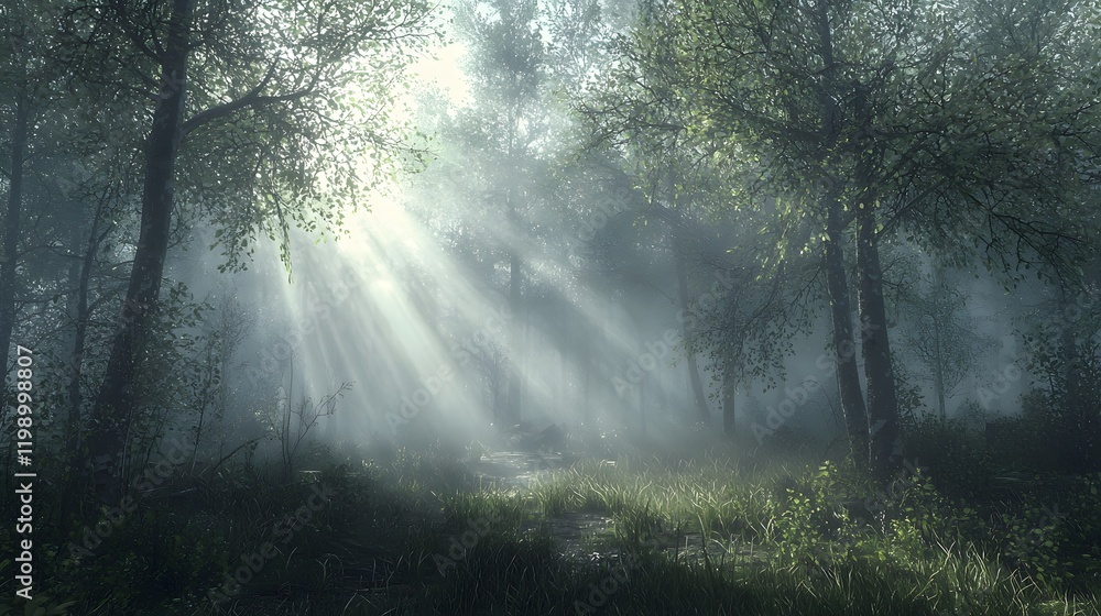 Poster A foggy morning in a forest, soft sunlight filtering through the trees, creating gentle streams of light