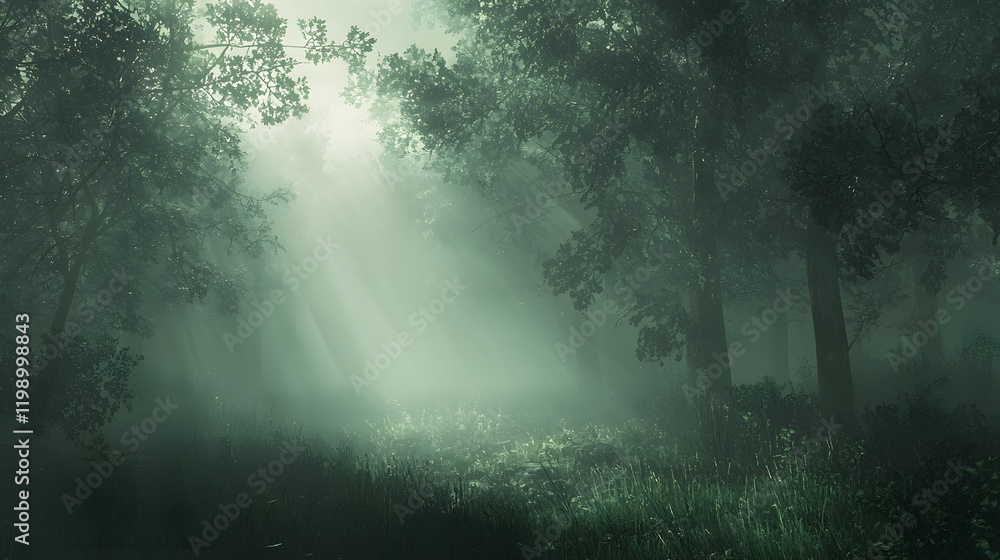 Poster A foggy morning in a forest, soft sunlight filtering through the trees, creating gentle streams of light