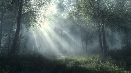 Obraz premium A foggy morning in a forest, soft sunlight filtering through the trees, creating gentle streams of light