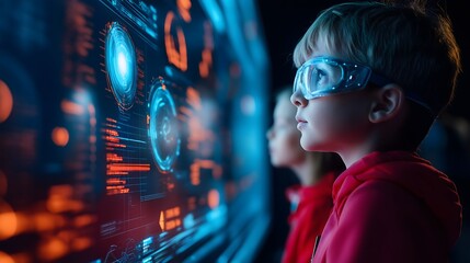Naklejka premium Generation Alpha and trends concept: Group of children monitoring global climate data on smart holographic displays, Generation Alpha, data-driven environmentalism.