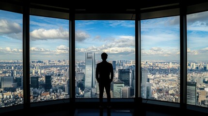Fototapeta premium An optimistic leader standing in front of a large window, overlooking a bustling city, symbolizing the hope and positive mentality driving their business vision