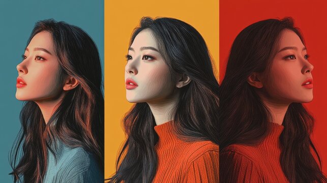 Generative ai portrait of beautiful asian woman on different color background