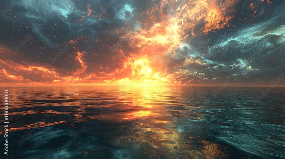 Poster A glowing horizon where the ocean meets the sky, abstract patterns forming subtle reflections in the water