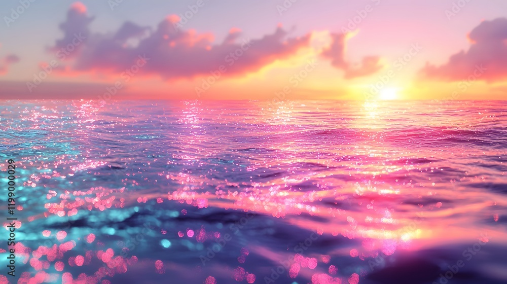 Poster a glowing horizon where the ocean meets the sky, abstract patterns forming subtle reflections in the