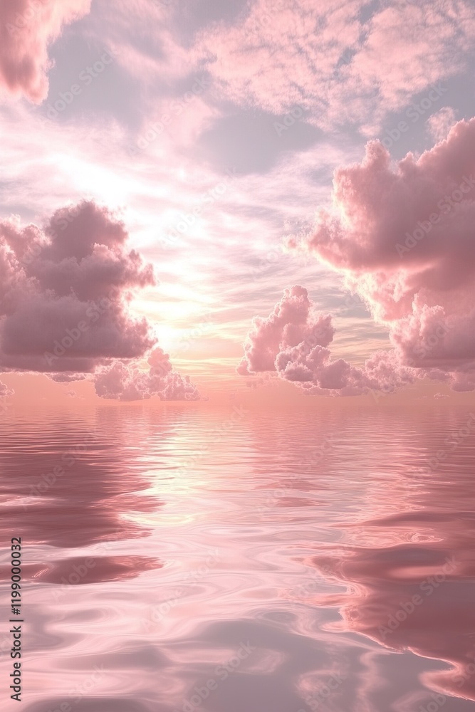 Poster soft abstract pink clouds float in a pastel sky above a tranquil water surface, reflecting gentle li