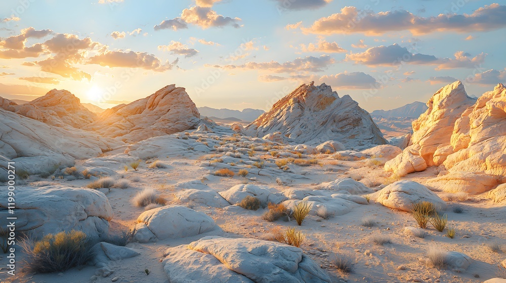 Aufkleber smooth desert rock formations glowing under a soft sunrise, blending realism with abstract lighting